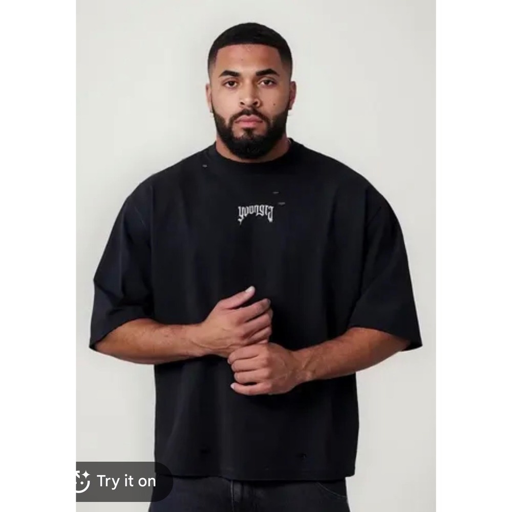 YoungLA 4144 Men Black Distressed Oversized Tee Gothic Logo Shirt Medium
